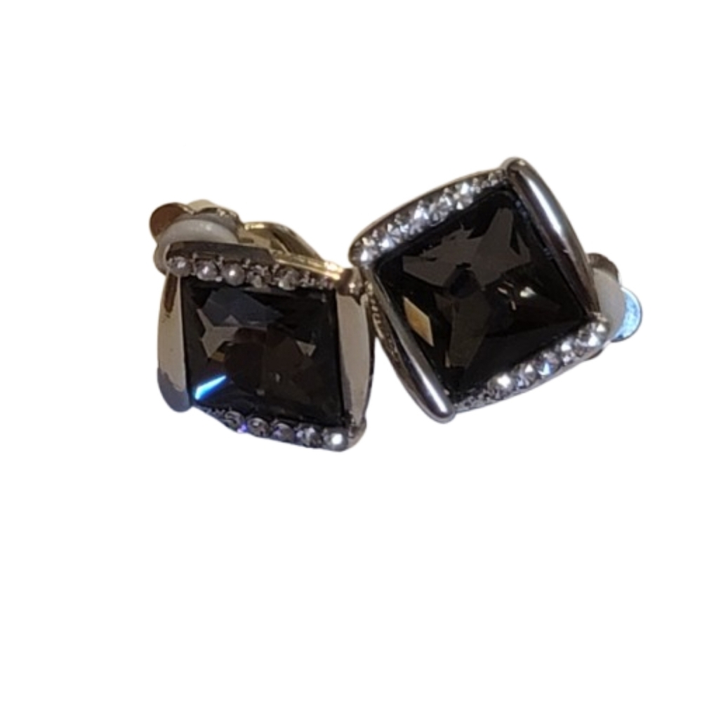 Earrings Silvertone Square Rhinestone Clipon Earrings